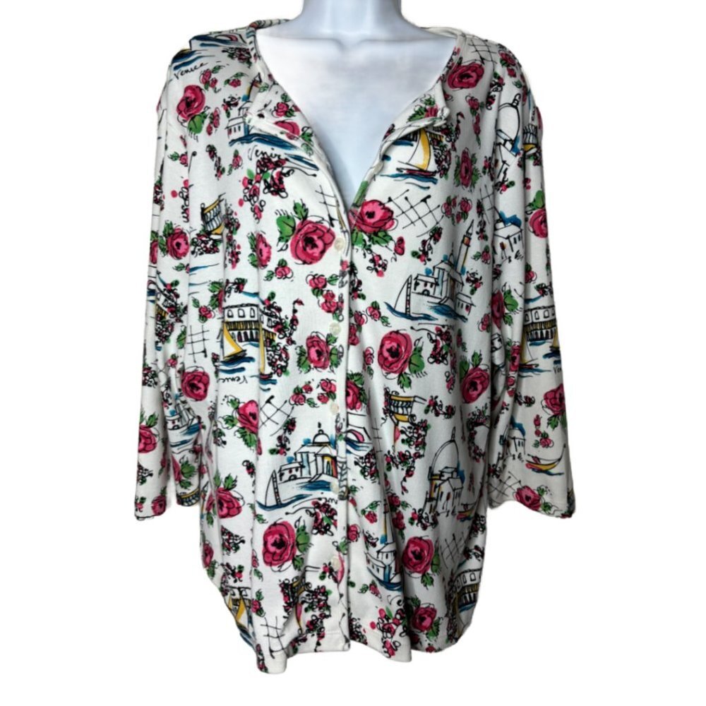 Karen Scott Sport Sz 1X Roses in Venice Print Button-up Cardigan(1358)